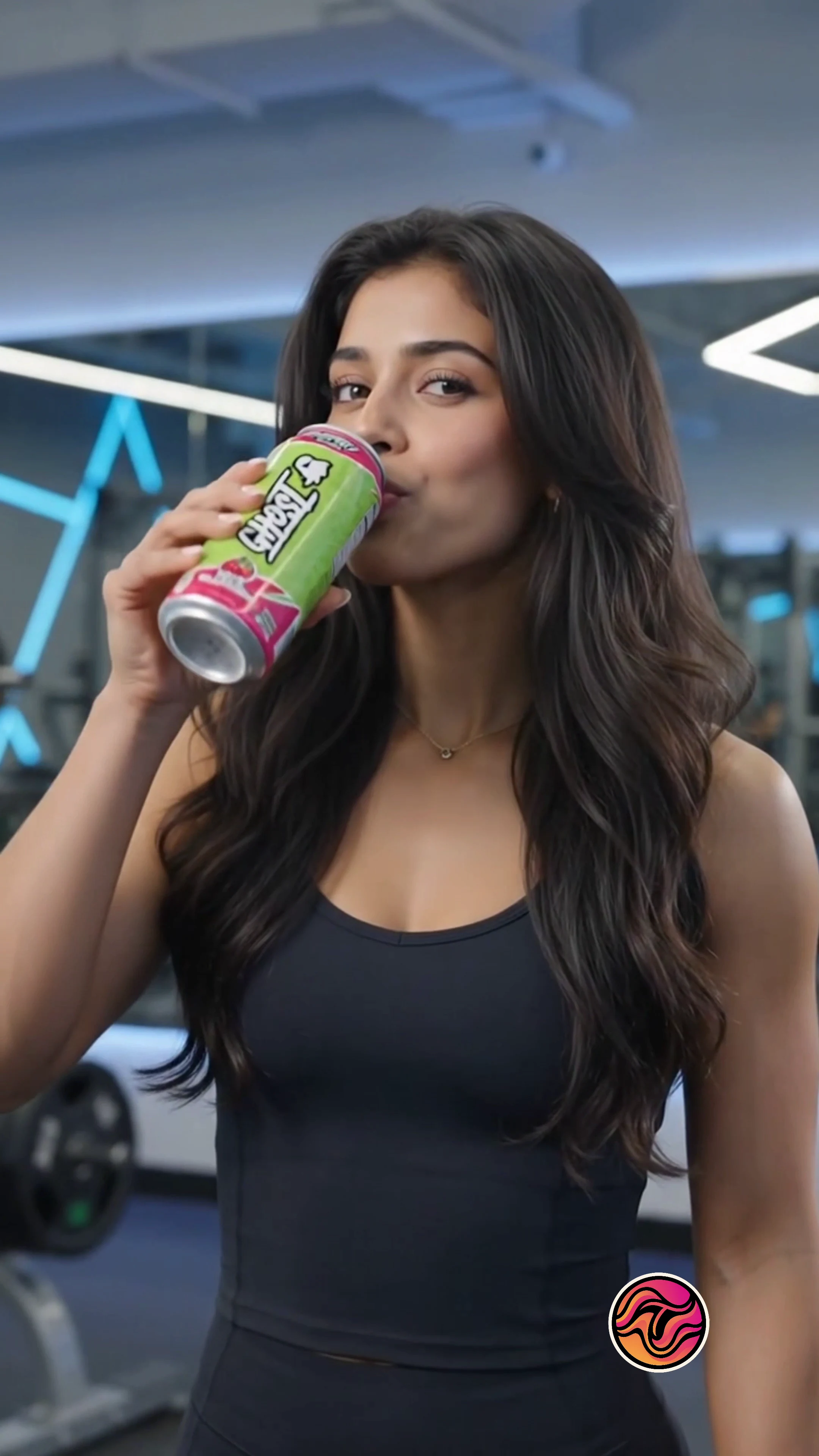 Lifestyle frame from an AI product commercial showing a woman drinking an energy drink can in a gym setting — educational analysis only